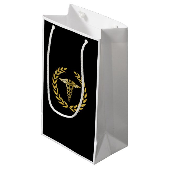 Medical Nursing Royal Gold Caduceus Symbol Small Gift Bag (Front Angled)