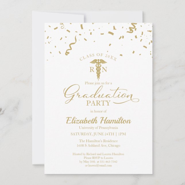 Medical Nursing School Grad Party Gold Confetti In Invitation (Front)