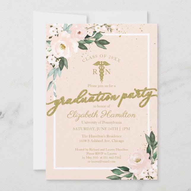 Medical Nursing School Grad Party Pink Floral Invitation (Front)