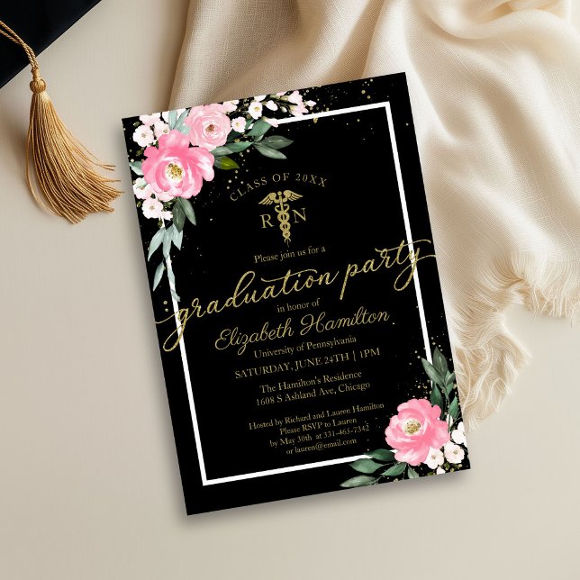 Medical Nursing School Grad Party Pink Floral  Invitation (Creator Uploaded)