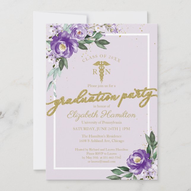 Medical Nursing School Grad Party Purple Floral Invitation (Front)