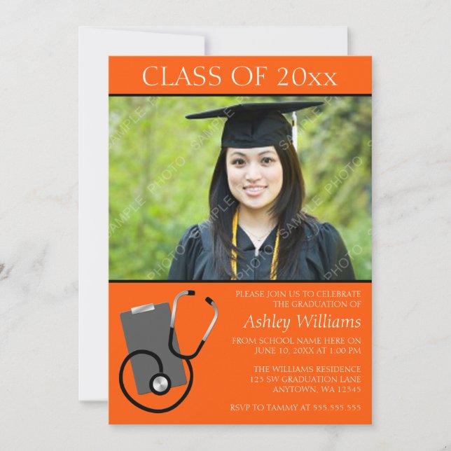 Medical Nursing School Orange Photo Graduation Invitation (Front)