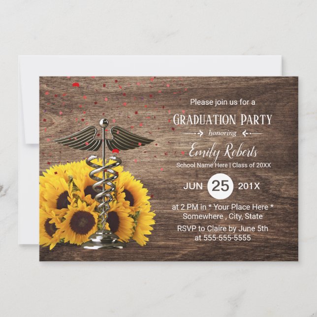 Medical Nursing School Rustic Sunflower Graduation Invitation (Front)