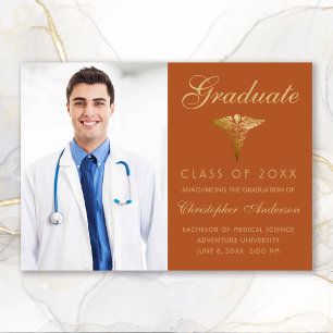 Medical Orange Gold Caduceus Photo Graduation Announcement