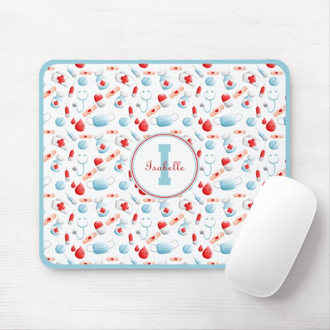 Medical Pattern Name Monogram Nurse  Mouse Mat (With Mouse)