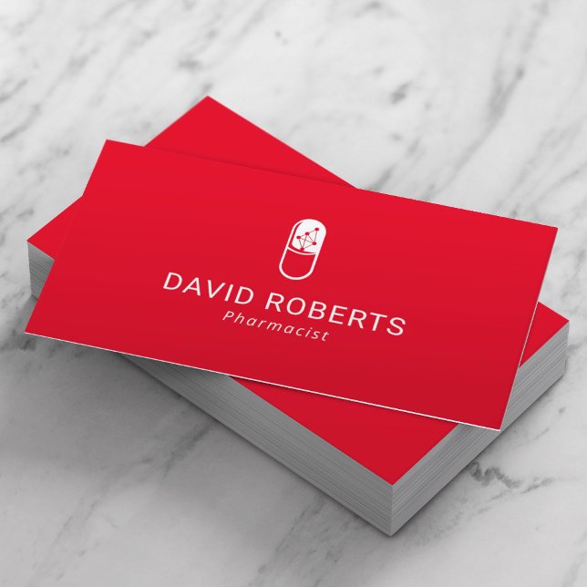Medical Pill Logo Pharmacist Plain Red Minimalist Business Card (Creator Uploaded)