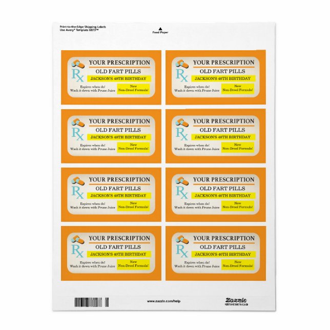 Medical prescription labels Old Fart party favours (Full Sheet)