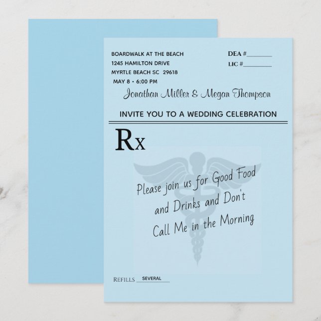 Medical Prescription Pad Blue Wedding Celebration Invitation (Front/Back)