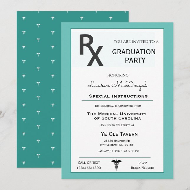 Medical Prescription Pad Graduation Invitation (Front/Back)