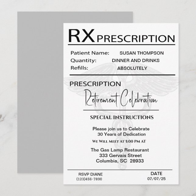 Medical Prescription Pad  Retirement Party  Invitation (Front/Back)