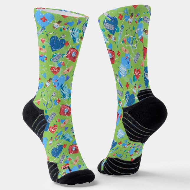 Medical Print on a Green Apple Background  Socks (Angled)
