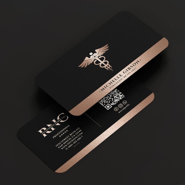 Medical Professional Caduceus Black Rosegold Business Card (Creator Uploaded)