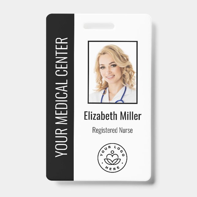 Medical Professional Custom Photo & Text Black ID Badge (Front)