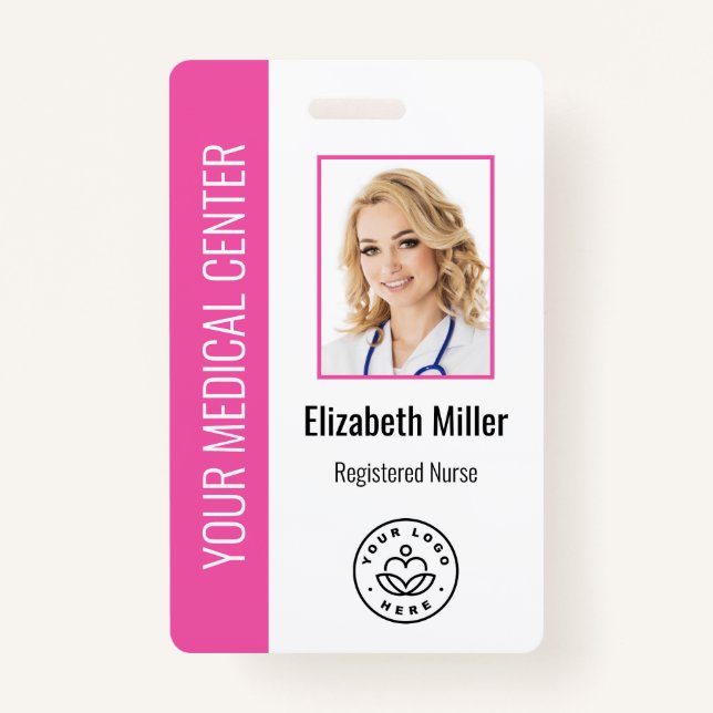 Medical Professional Custom Photo & Text Pink ID Badge (Front)