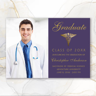 Medical Purple Gold Cadaceus Photo Graduation Announcement