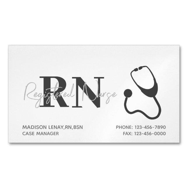 Medical Registered Nurse White Black Professional Magnetic Business Card (Front)
