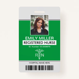 Medical RN employee caduceus green photo template ID Badge