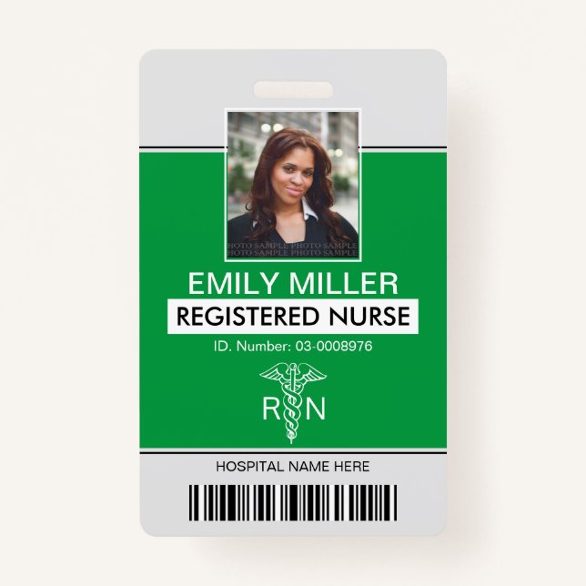 Medical RN employee caduceus green photo template ID Badge (Front)