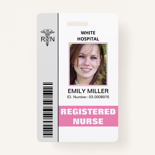 Medical RN employee caduceus pink photo template ID Badge (Front)