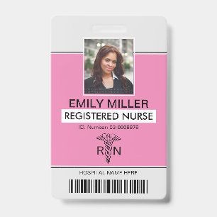 Medical RN employee caduceus pink photo template ID Badge