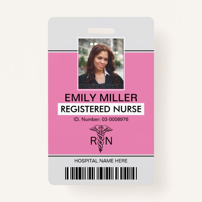 Medical RN employee caduceus pink photo template ID Badge (Front)