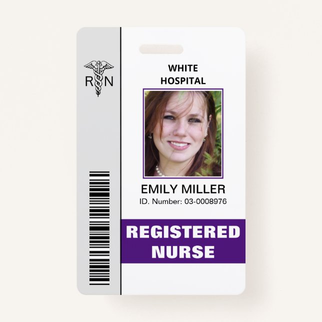 Medical RN employee caduceus purple photo template ID Badge (Front)