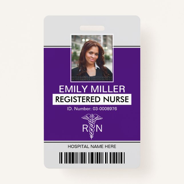 Medical RN employee caduceus purple photo template ID Badge (Front)