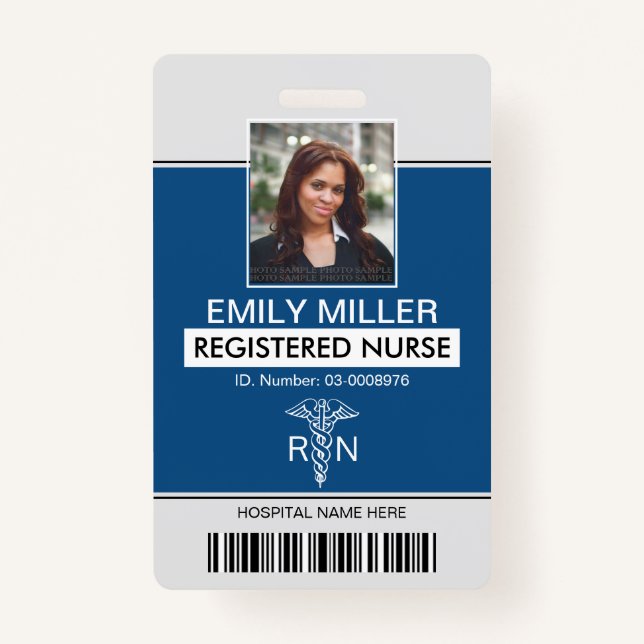 Medical RN employee classic blue photo template ID Badge (Front)