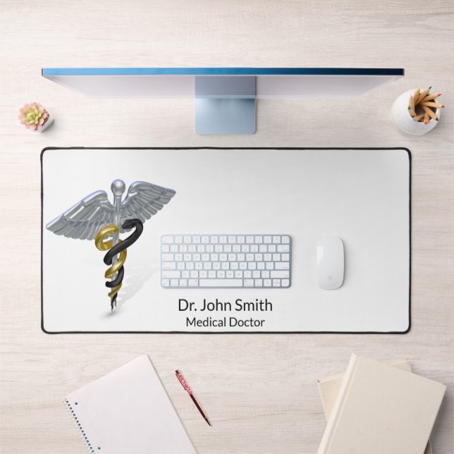 Medical Rod of Silver Caduceus Black Gold Desk Mat (Office 1)