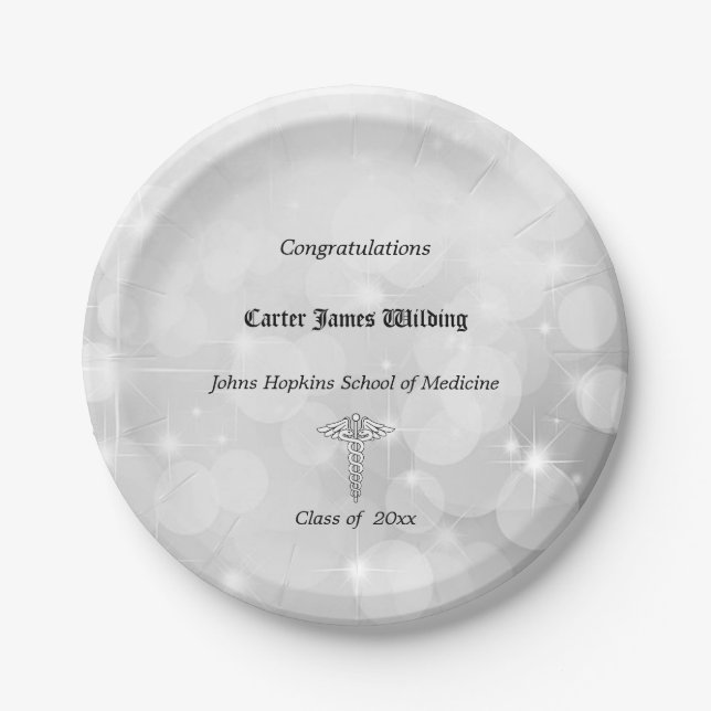 Medical School Graduation, Caduceus , Silver Paper Plate (Front)
