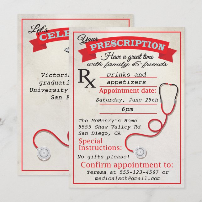 Medical School Graduation Prescription Invitation (Front/Back)