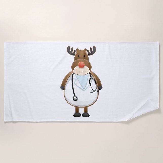 Medical Scrub Top Reindeer Nurse with Stethoscope  Beach Towel (Front)