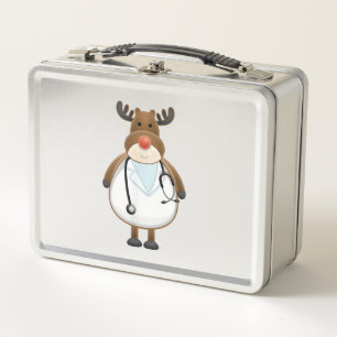 Medical Scrub Top Reindeer Nurse with Stethoscope Metal Lunch Box