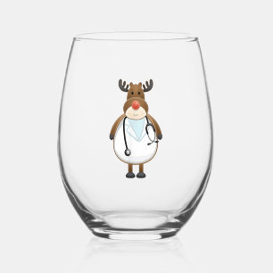 Medical Scrub Top Reindeer Nurse with Stethoscope Stemless Wine Glass