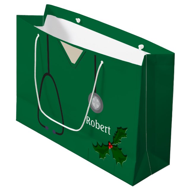 Medical Scrubs Green Holly Lg Gift Bag (Front Angled)