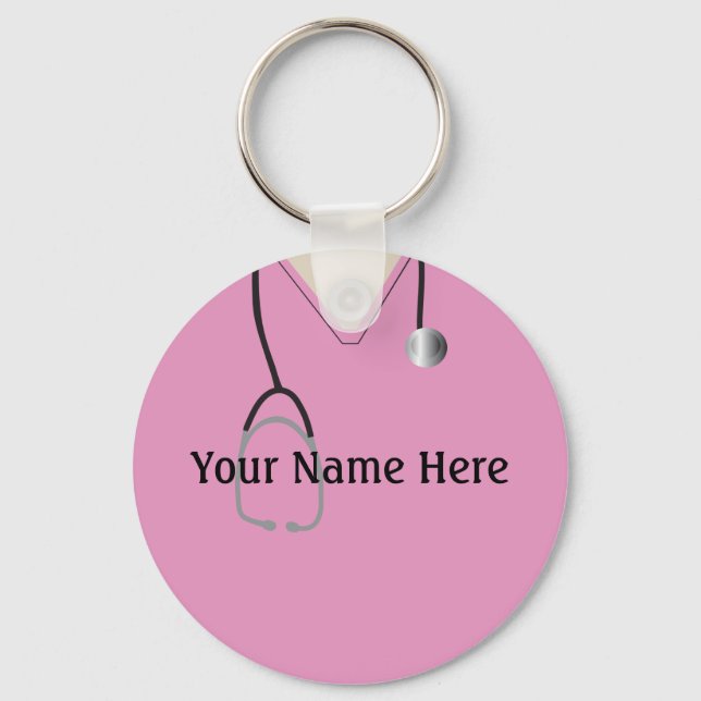 Medical Scrubs Nurse Doctor Pink Button Keychain (Front)
