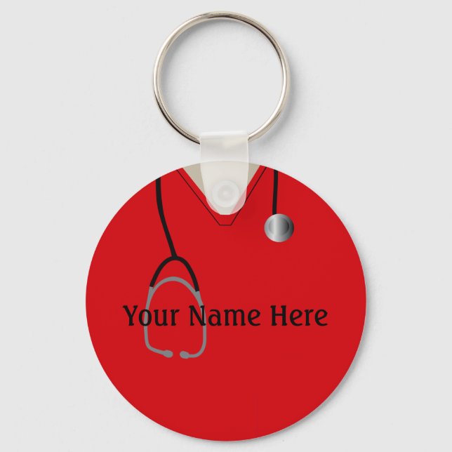 Medical Scrubs Nurse Doctor Red Button Keychain (Front)