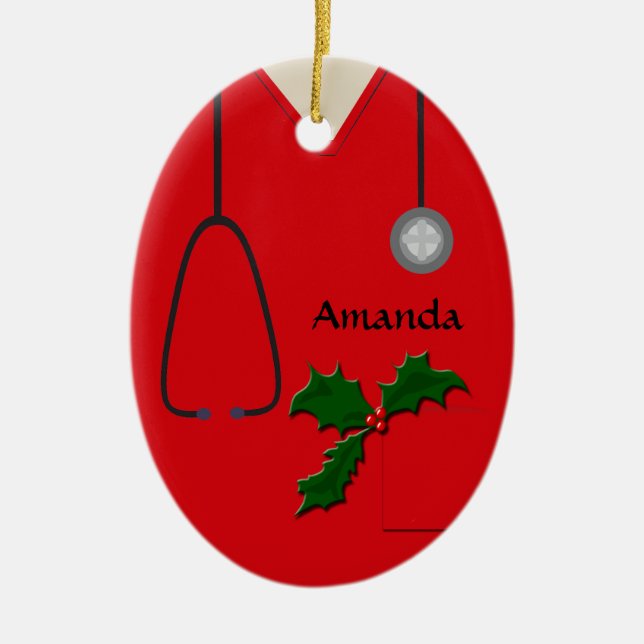 Medical Scrubs Red Holly Oval Ornament (Front)