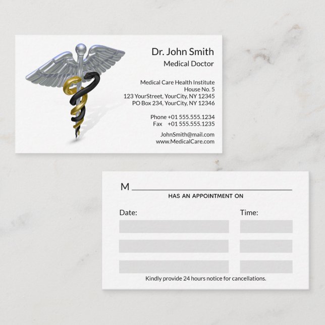 Medical Silver Caduceus Black Gold - Appointment Card (Front/Back)