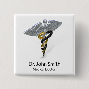 Medical Silver Caduceus Black Gold - Button