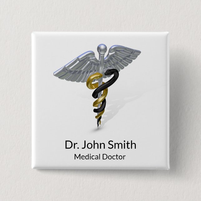 Medical Silver Caduceus Black Gold - Button (Front)
