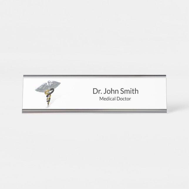Medical Silver Caduceus Black Gold Desk Name Plate (Front)
