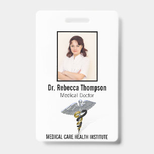 Medical Silver Caduceus Black Gold Photo ID Badge