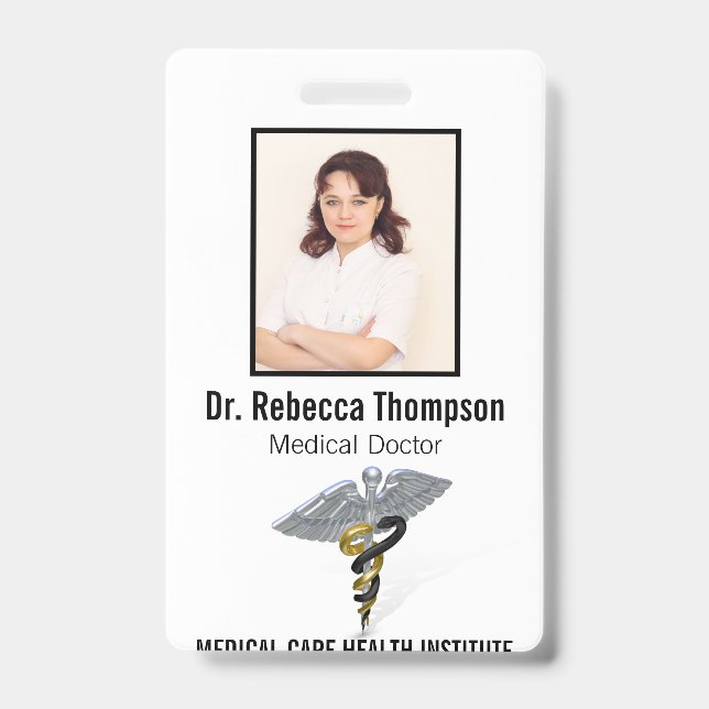 Medical Silver Caduceus Black Gold Photo ID Badge (Front)