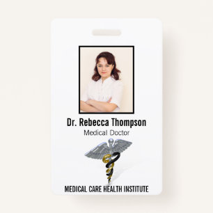 Medical Silver Caduceus Black Gold Photo ID ID Badge