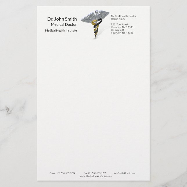 Medical Silver Caduceus Black Gold - Stationery (Front)