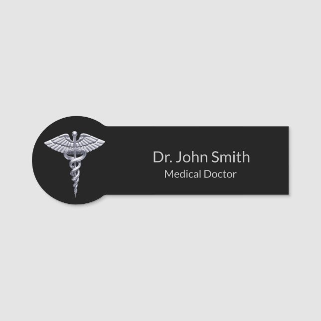 Medical Silver Caduceus Classy on Black Name Tag (Front)