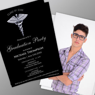Medical Silver Caduceus Dark Graduation   Photo Invitation