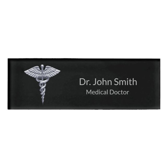 Medical Silver Caduceus on Black Classy Name Tag (Front)