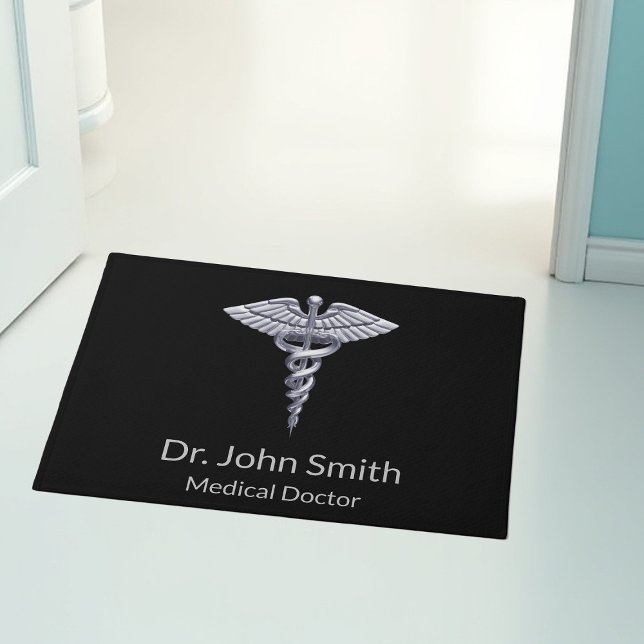 Medical Silver Classy Caduceus on Black Doormat (Creator Uploaded)